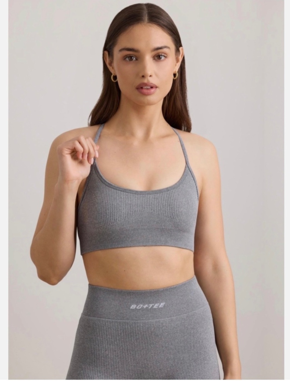 NEW with TAGS BO&TEE FLEX RIB SCOOP NECK Y-BACK STRAP SPORTS BRA GRAY MEDIUM $45